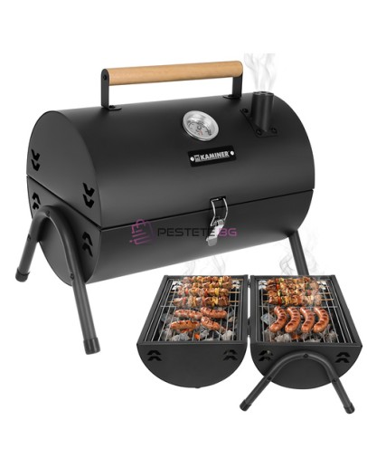 Барбекю на дървени въглища с капак, 2 решетки, термометър, преносим, комин